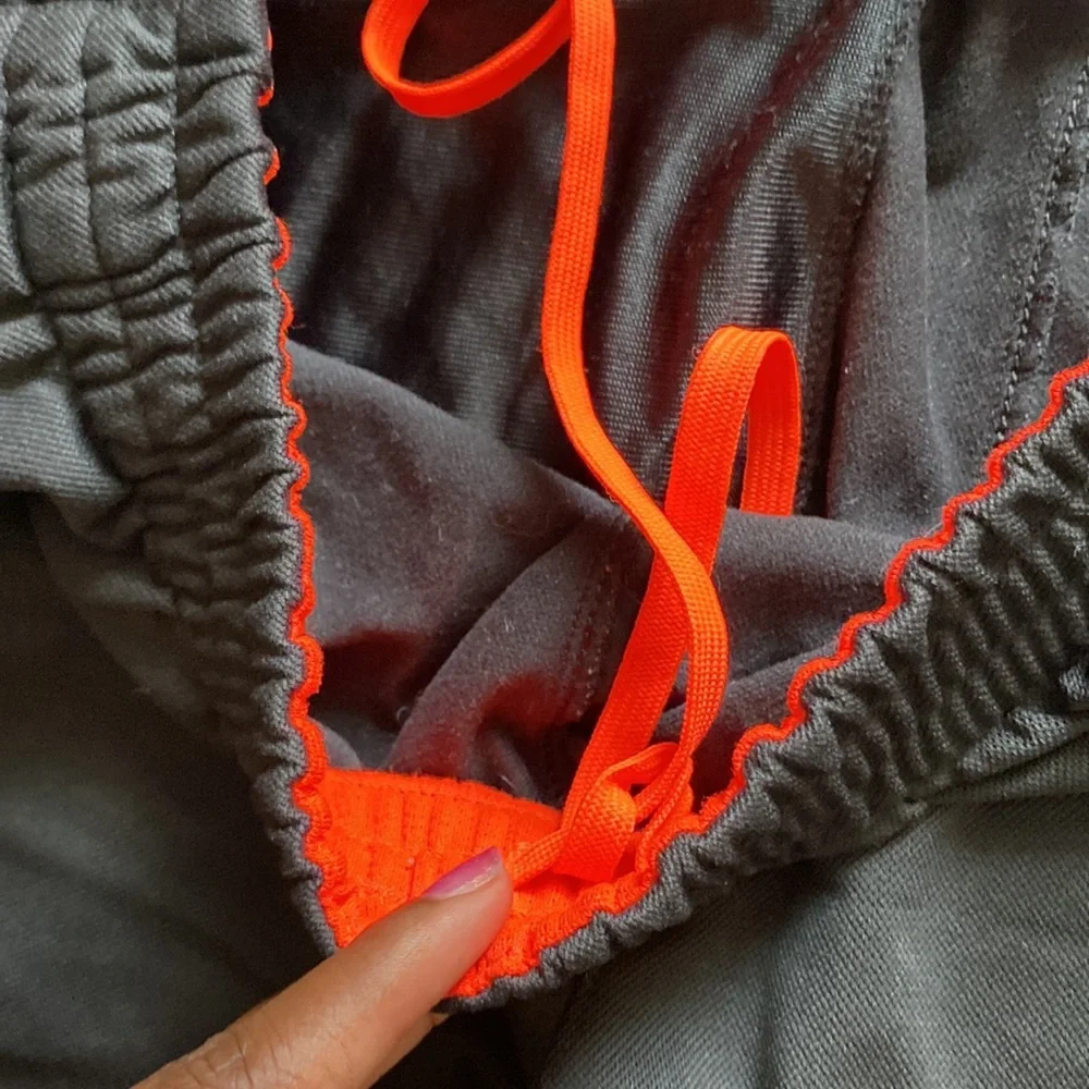 Adidas Black Tricot Track Pants Orange Waistband Straight Leg SIZE L